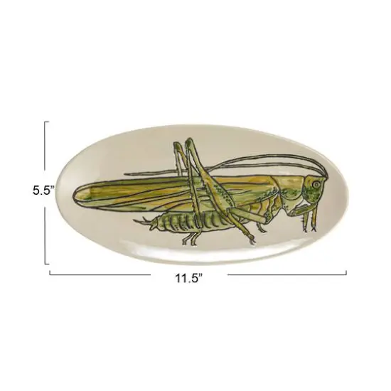 Hello Honey&reg; 11.5" Green & White Hand-Painted Grasshopper Stoneware Plate {5}