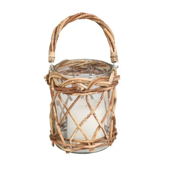 9" Clear Glass Handmade Candle Lantern with Brown Rattan Woven Exterior & Twisted Handle {1}