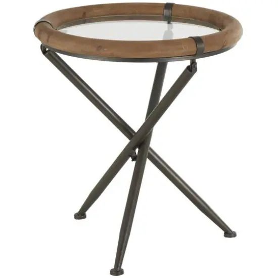 22.25" Brass Metal Round Accent Table with Wooden Framed Glass Tabletop {1}