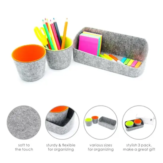 Welaxy Felt 3 Piece Gray Tray with Orange & Green Cups Desktop Organizer Set {3}