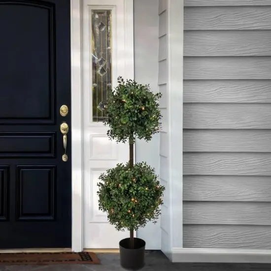 46" Pre-Lit Boxwood Double Ball Topiary in Nursery Pot {3}