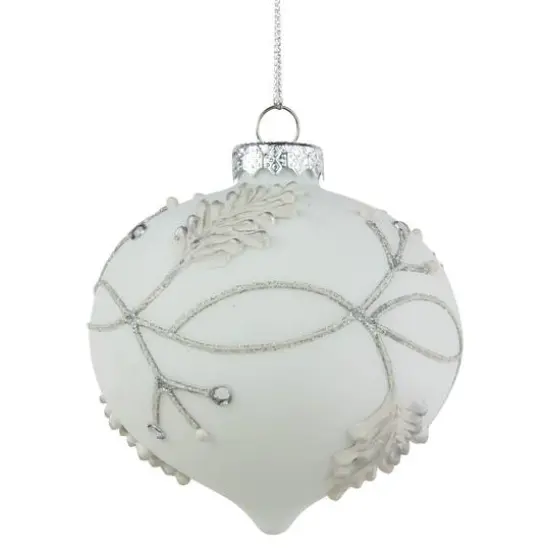 3.5" White & Silver Leaves Glass Onion Ornament {1}