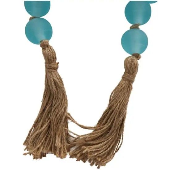 45" Handmade Round Frosted Glass Bead Garland with Tassels & Knotted Jute Light Teal {5}
