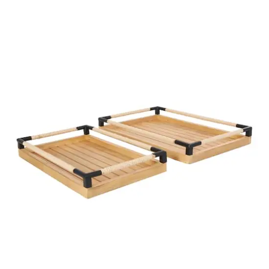 Brown Wood Slatted Tray with Elevated Woven Sides & Black Metal Corners Set {1}