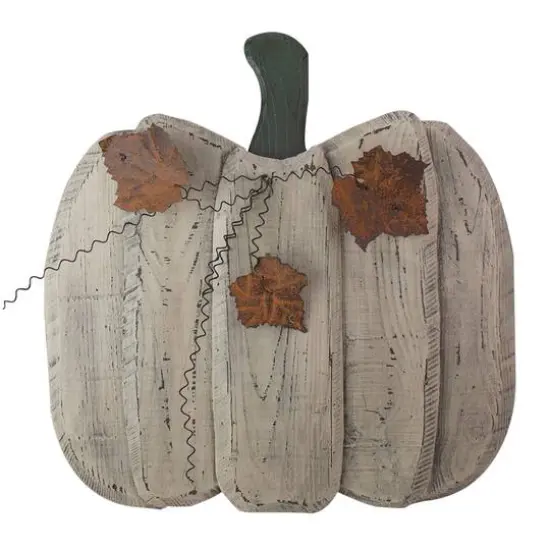 18.5" Large Beige Wooden Fall Harvest Pumpkin with Leaves & Stem {1}