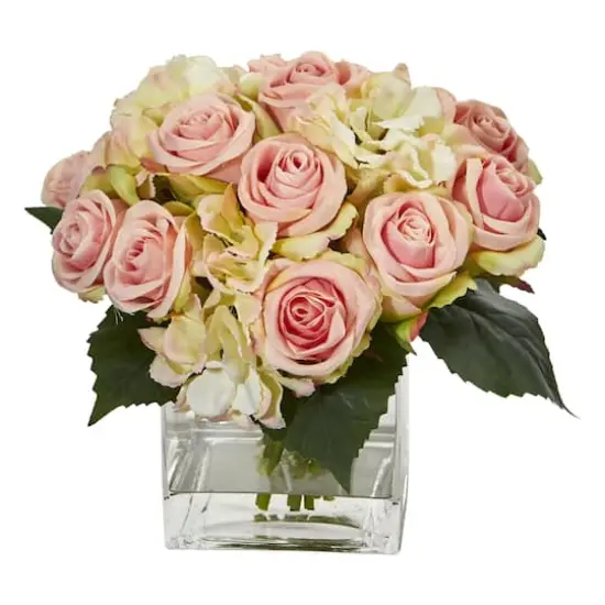 9" Pink Rose & Hydrangea Bouquet Arrangement in Vase {1}