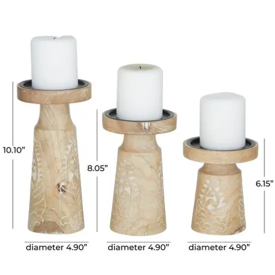 Mango Wood Round Carved Pillar Floral Candle Holder Set Light Brown {6}