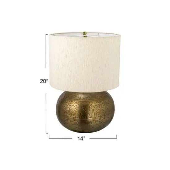 Hello Honey&reg; 20" Antique Brass Finish Round Etched Metal Table Lamp with Cotton Shade {4}