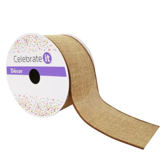 2.5" x 25ft. Faux Linen Wired Ribbon by Celebrate It&trade; D&eacute;cor Tan {1}