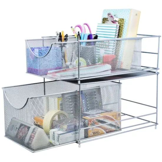 Sorbus 2-Tier Sliding Mesh Basket Drawer Silver {4}