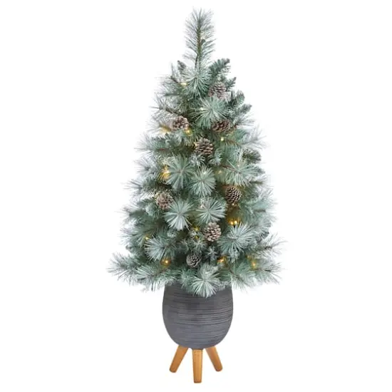 3.5ft. Pre-Lit Frosted Tip British Columbia Mountain Pine Artificial Christmas Tree in Gray Tripod Planter, Clear Lights {1}
