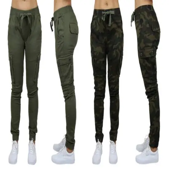 Galaxy By Harvic Loose Fit Cotton Stretch Twill Women's Cargo Joggers 2 Pack Olive/Camouflage {1}