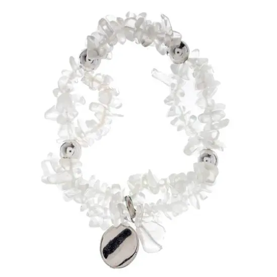 John Bead Crystal Quartz Clear Natural Stone 2-Strand Bracelet with Circle Charm {5}