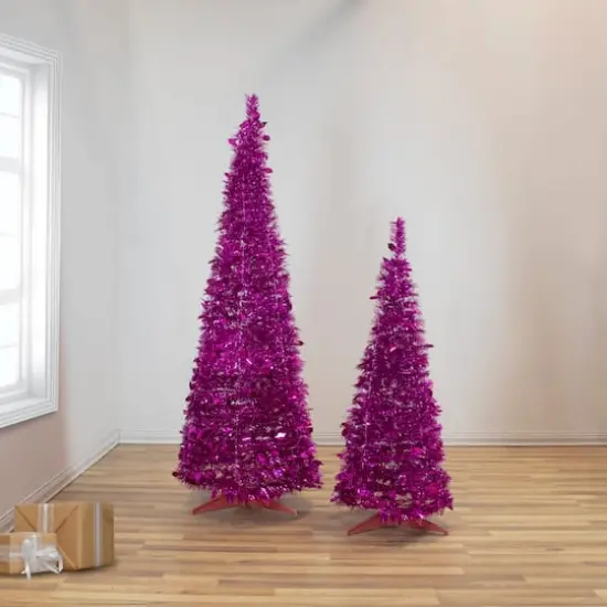 4ft. Unlit Pink Tinsel Pop-Up Artificial Christmas Tree {3}