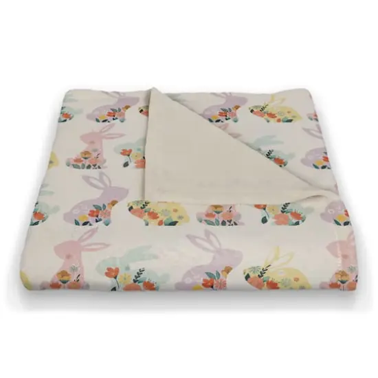 Pastel Floral Rabbits 50" x 60" Coral Fleece Blanket {3}