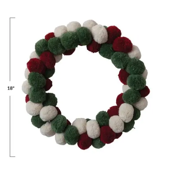 Hello Honey® 18" Red, Green & Cream Color Round Wool Pom Pom Wreath {4}