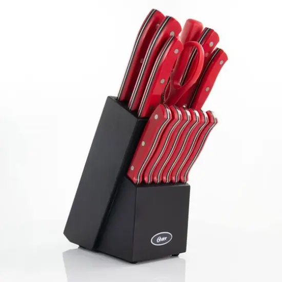 Oster Steffen 14-Piece Red Stainless Steel Cutlery Set with Hardwood Storage Block {7}