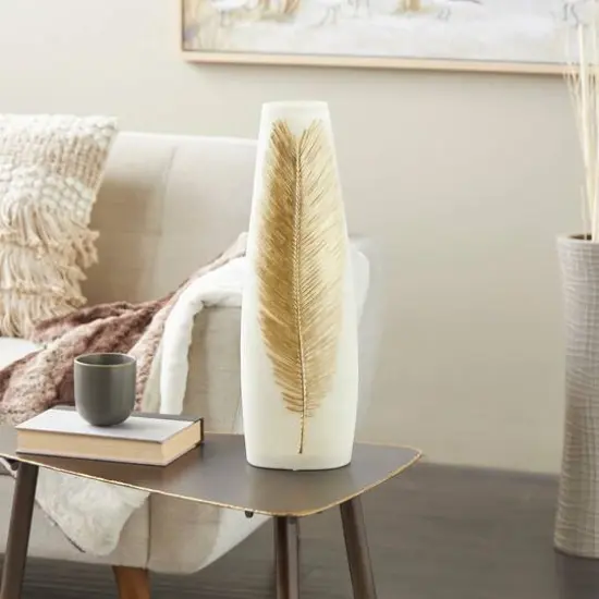 Cream Polystone Vase with Gold Leaf Relief {9}