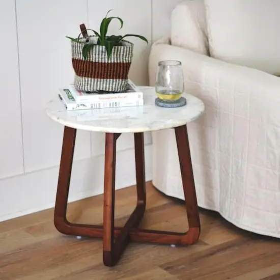 Hello Honey&reg; Modern Bohemian Marble & Wood Round End Table Walnut Finish {3}