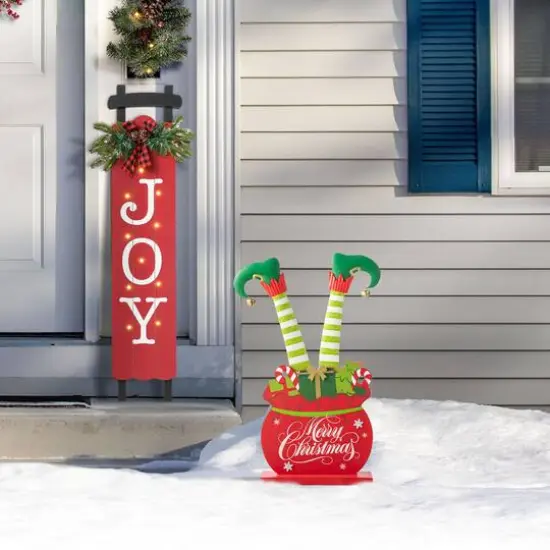 Glitzhome&reg; 2ft. Wood & Metal Elf Legs in Gift Box Porch D&eacute;cor {4}