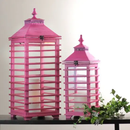 L'Eau de Fleur Distressed Pink Fir Wood Candle Lantern Set, 21" & 28" {5}