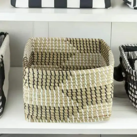 12.25" Square Woven Seagrass Basket with Black & White Accents {7}