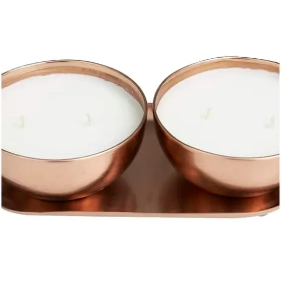 12oz. 2-Wick White Wax Tropical Breeze Scented Candle with Copper Container Bowls and Thin Oval Holding Tray Set {5}