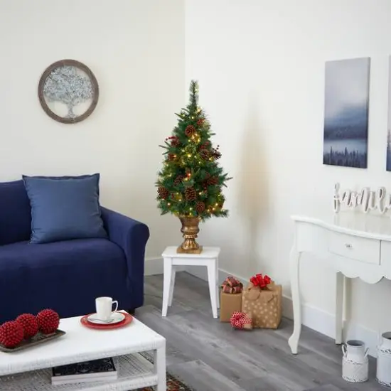 4ft. Pre-Lit Pine Artificial Potted Christmas Tree with Pinecone & Berries, Clear LED Lights {9}