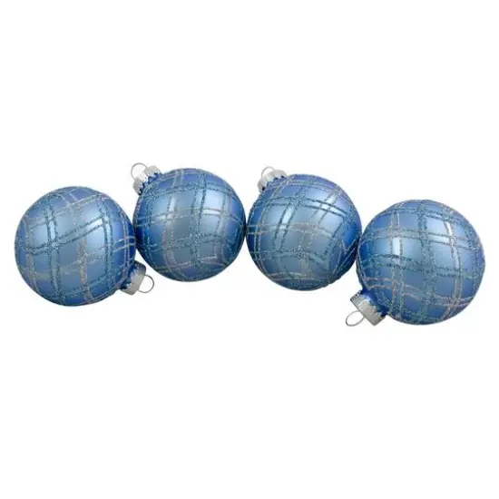 4ct. 2.75" Blue & Silver Plaid Glitter Glass Christmas Ornament Ball Set {1}
