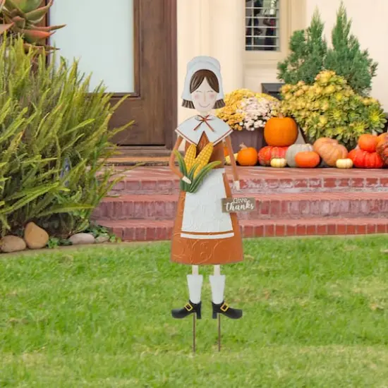 Glitzhome® 36" Metal Thanksgiving Pilgrim Girl Standing Or Hanging Yard Stake {4}