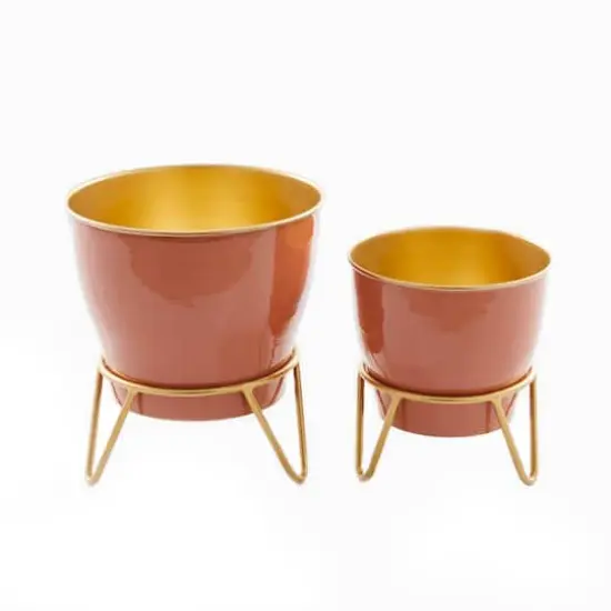 Set of 2 Pink Iron Modern Planter, 12" x 10" x 10" {1}