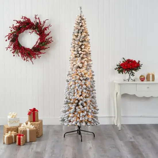 7ft. Pre-Lit Flocked Pencil Artificial Christmas Tree with Clear LED Lights {6}