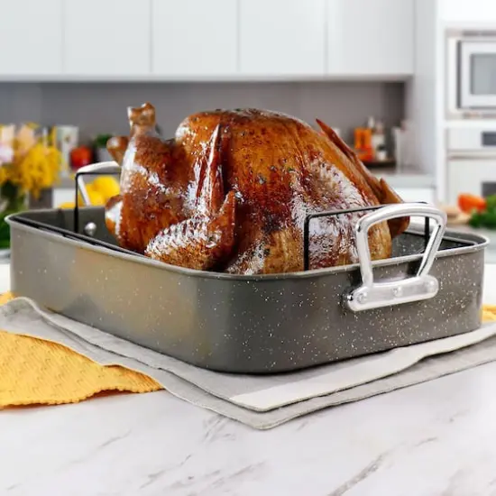 Gibson&reg; Greystone 16.25'' Speckled Gray Carbon Steel Turkey Roaster Set {4}