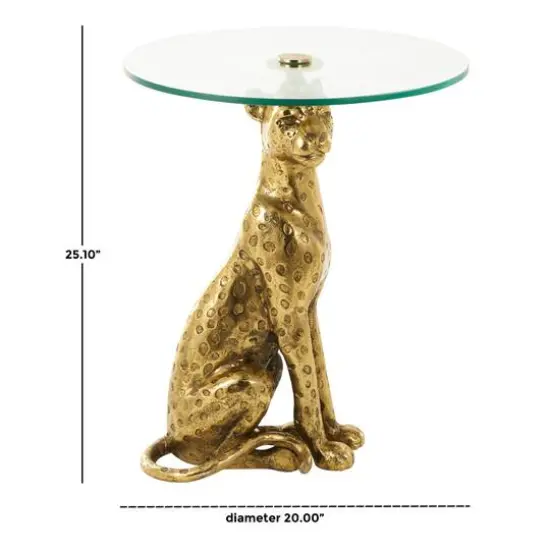 25" Gold Aluminum Leopard Spotted Sitting Accent Table with Glass Tabletop {8}