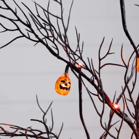 4ft. Pre-Lit Artificial Halloween Black Twig Tree with 24 Orange LED Pumpkin Shaped Lights {8}