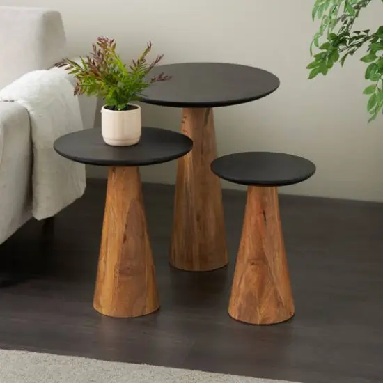 Brown Mango Wood Handmade Cone Shaped Accent Table with Black Tabletop Set {13}
