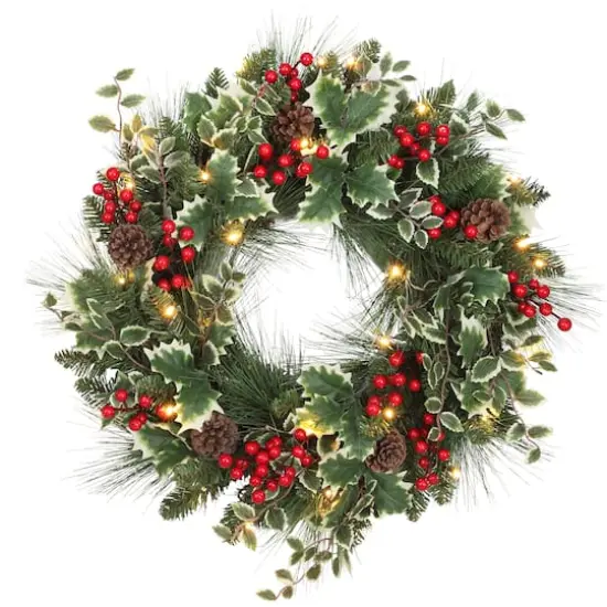 Haute Decor 24" Pre-Lit Holly, Pine & Berry Christmas Wreath, Soft White LED Lights {1}