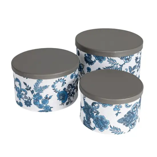 Household Essentials Cream & Blue Floral Nesting Hat Box Set with Faux Leather Lids {1}
