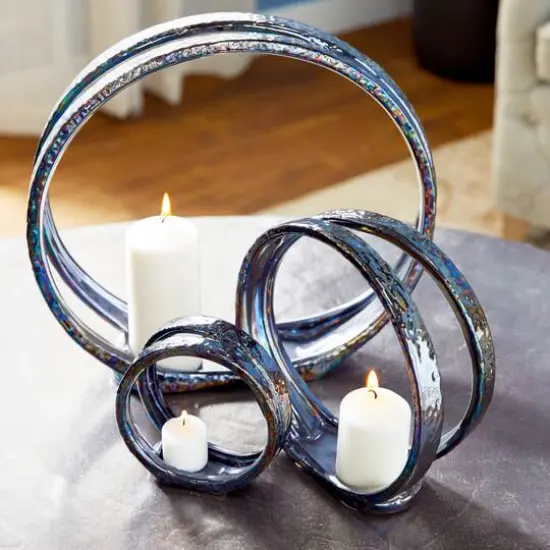 14" Silver Ceramic Glam Candlestick Holder Set {11}