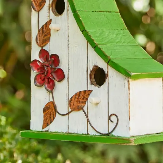 Glitzhome&reg; 13" White Distressed Wood Birdhouse with Green Roof {5}