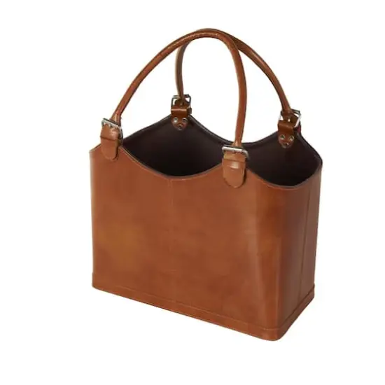 20" Brown Leather Handmade Box Style Single Slot Decorative Magazine Holder with Curved Buckle Handles {7}