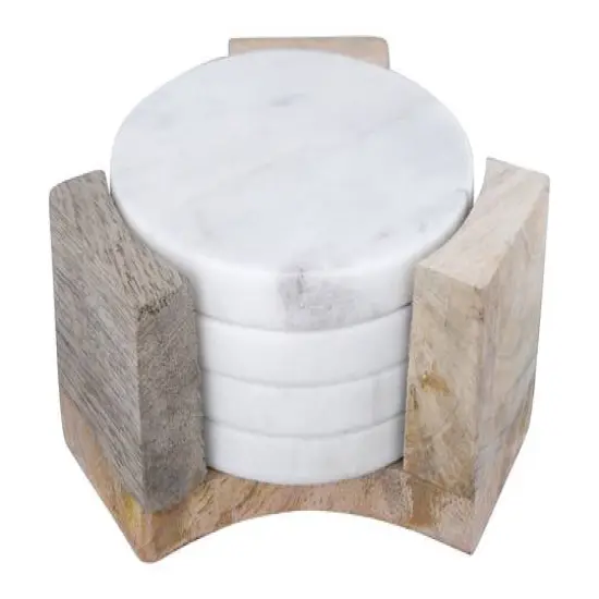 Hello Honey&reg; Round Marble Coasters with Mango Wood Holder Set {1}