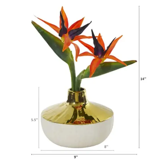 14" Bird of Paradise Artificial Arrangement in Gold and Cream Elegant Vase {3}