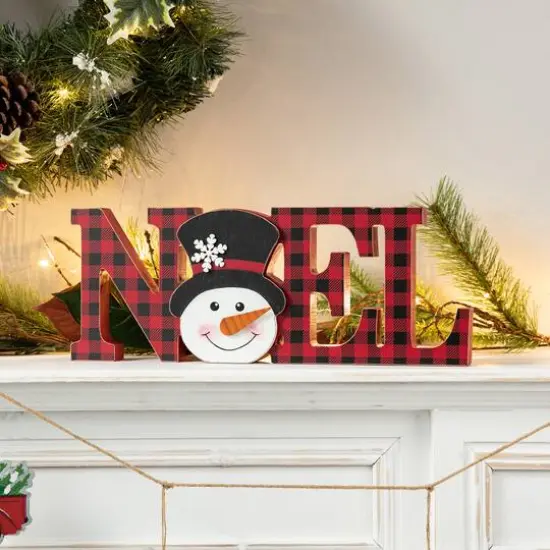 Glitzhome&reg; 2-Piece JOY and NOEL Wooden Christmas Plaid Table D&eacute;cor {5}