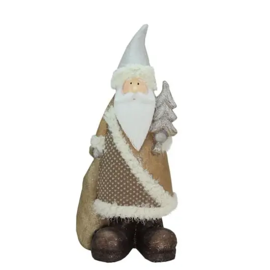 18.5" Brown & White Santa Holding Christmas Tree Tabletop Figurine {1}