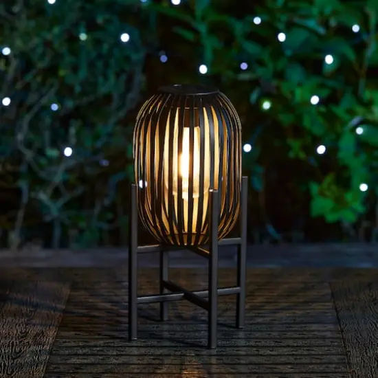 Glitzhome® 14.25" Black Slim Metal Stripes Solar Powered Edison Bulb Outdoor Lantern {4}