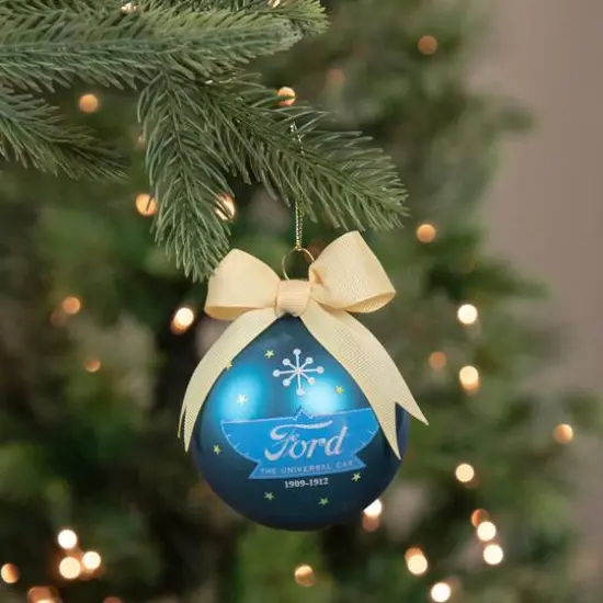 3" Matte Blue Ford The Universal Car with Beige Ribbon Glass Ball Ornament {3}