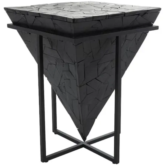 22" Black Teak Wood Geometric Handmade Inverted Pyramid Accent Table with Black Metal Base {1}