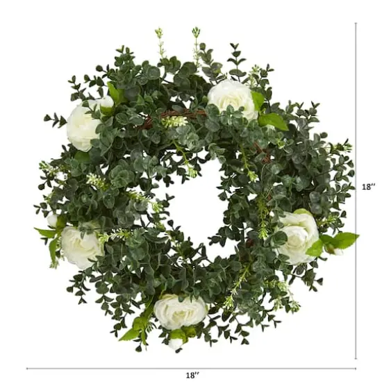 18'' Green & White Eucalyptus with Camellia Wreath {3}