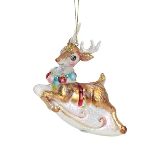 5.25" White & Red Glittered Reindeer Glass Christmas Ornament {1}